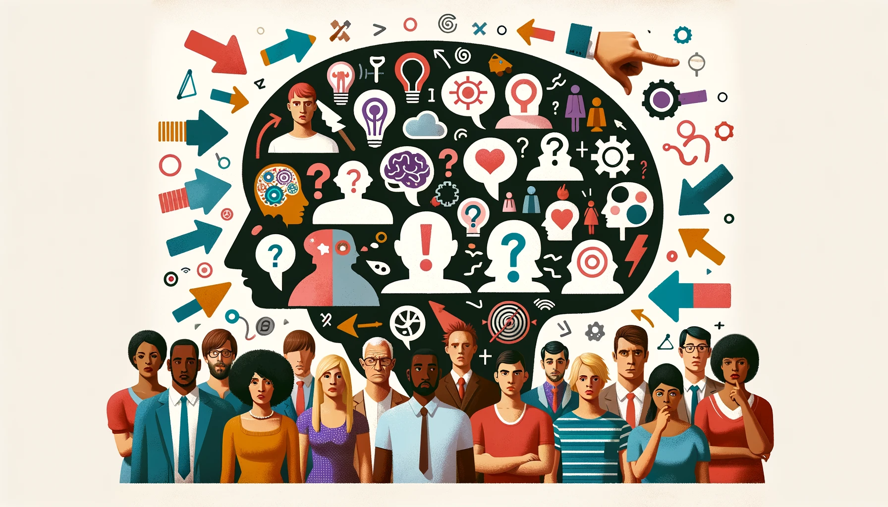 people illustration with large brain and idea callouts all around